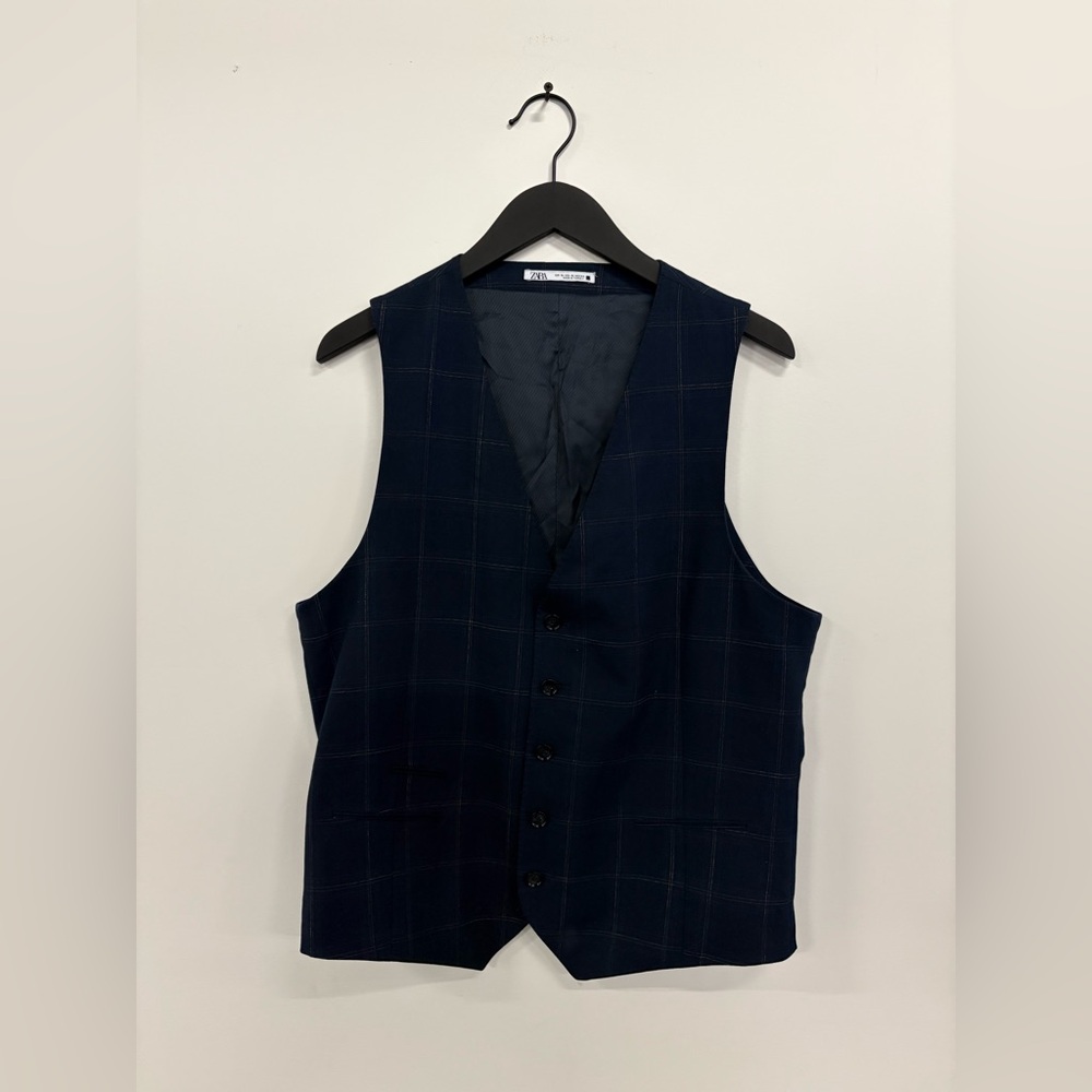 Men Zara Navy Blue Plaid Vest
